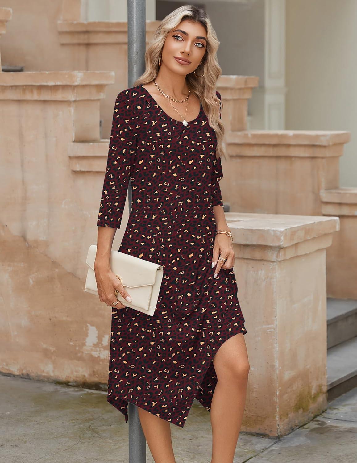 imageZeagoo Midi Dresses Women 2026 Spring Dress 34 Sleeve Casual Dresses with Pockets A Line Summer Beach SundressLeopard