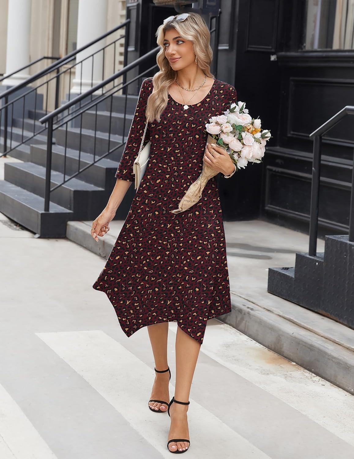 imageZeagoo Midi Dresses Women 2026 Spring Dress 34 Sleeve Casual Dresses with Pockets A Line Summer Beach SundressLeopard
