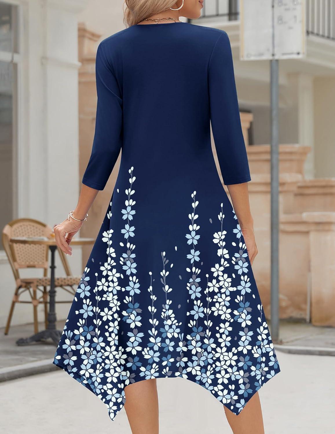 imageZeagoo Midi Dresses Women 2026 Spring Dress 34 Sleeve Casual Dresses with Pockets A Line Summer Beach SundressNavy Blue Floral