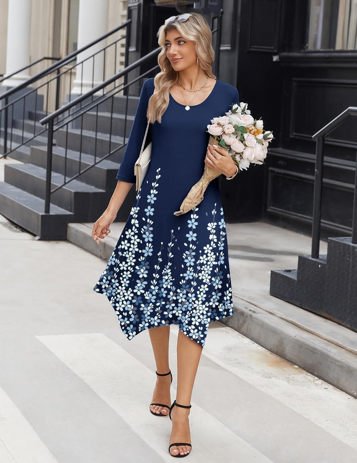 imageZeagoo Midi Dresses Women 2026 Spring Dress 34 Sleeve Casual Dresses with Pockets A Line Summer Beach SundressNavy Blue Floral