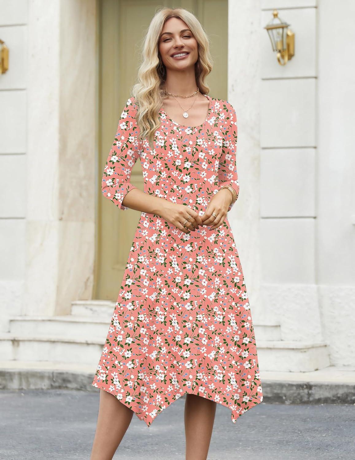 imageZeagoo Midi Dresses Women 2026 Spring Dress 34 Sleeve Casual Dresses with Pockets A Line Summer Beach SundressPink Floral