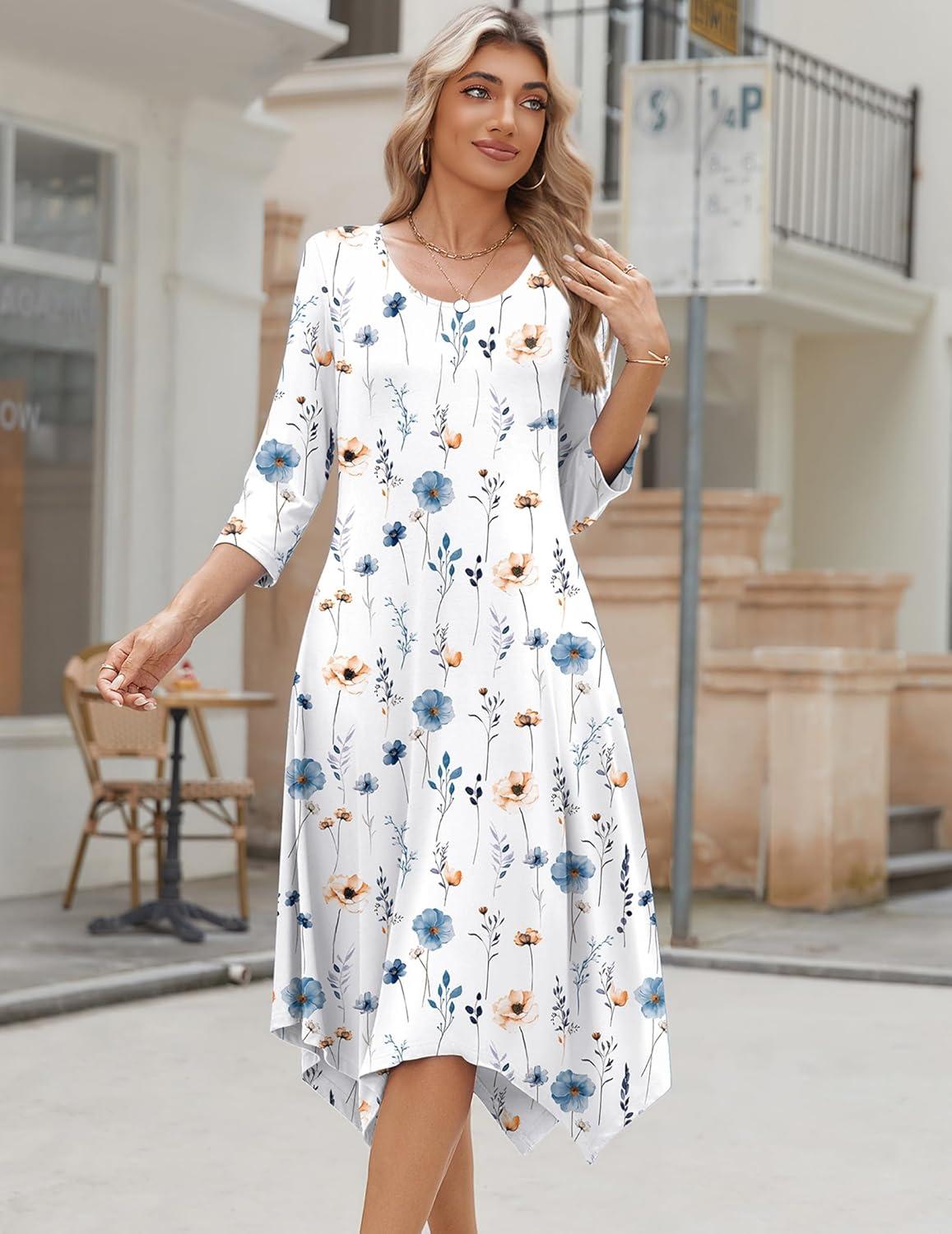 imageZeagoo Midi Dresses Women 2026 Spring Dress 34 Sleeve Casual Dresses with Pockets A Line Summer Beach SundressWhite Blue