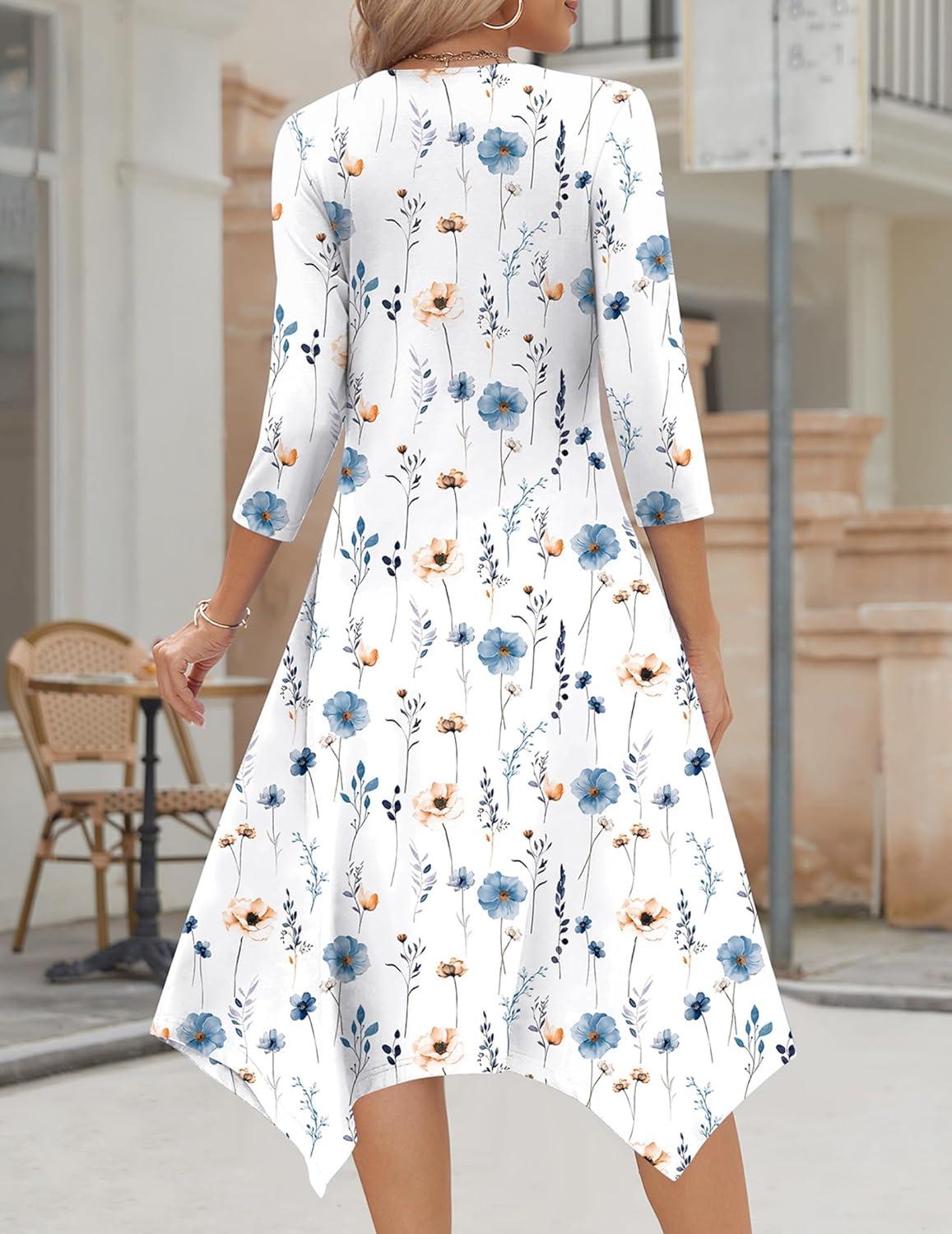 imageZeagoo Midi Dresses Women 2026 Spring Dress 34 Sleeve Casual Dresses with Pockets A Line Summer Beach SundressWhite Blue