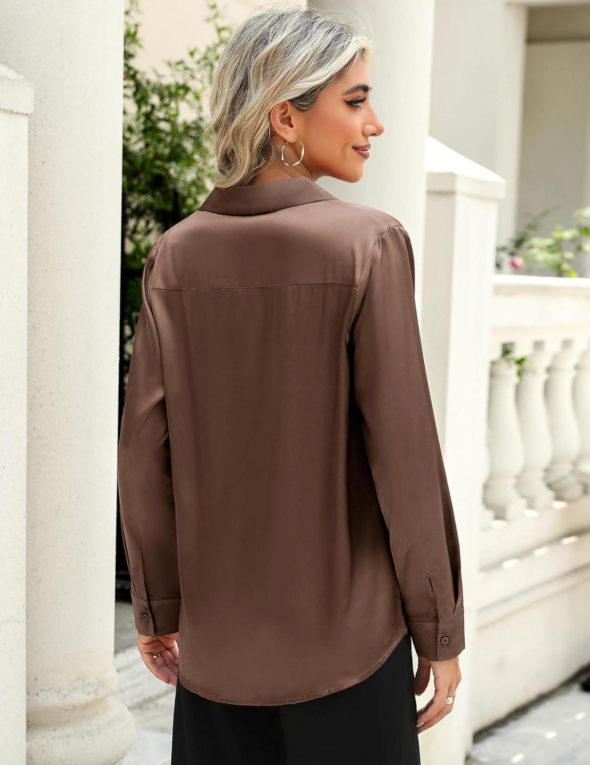 imageZeagoo Satin Blouses for Women Casual Long Sleeve Button Down Silk Shirts Dressy Business Work Tunic TopBrown