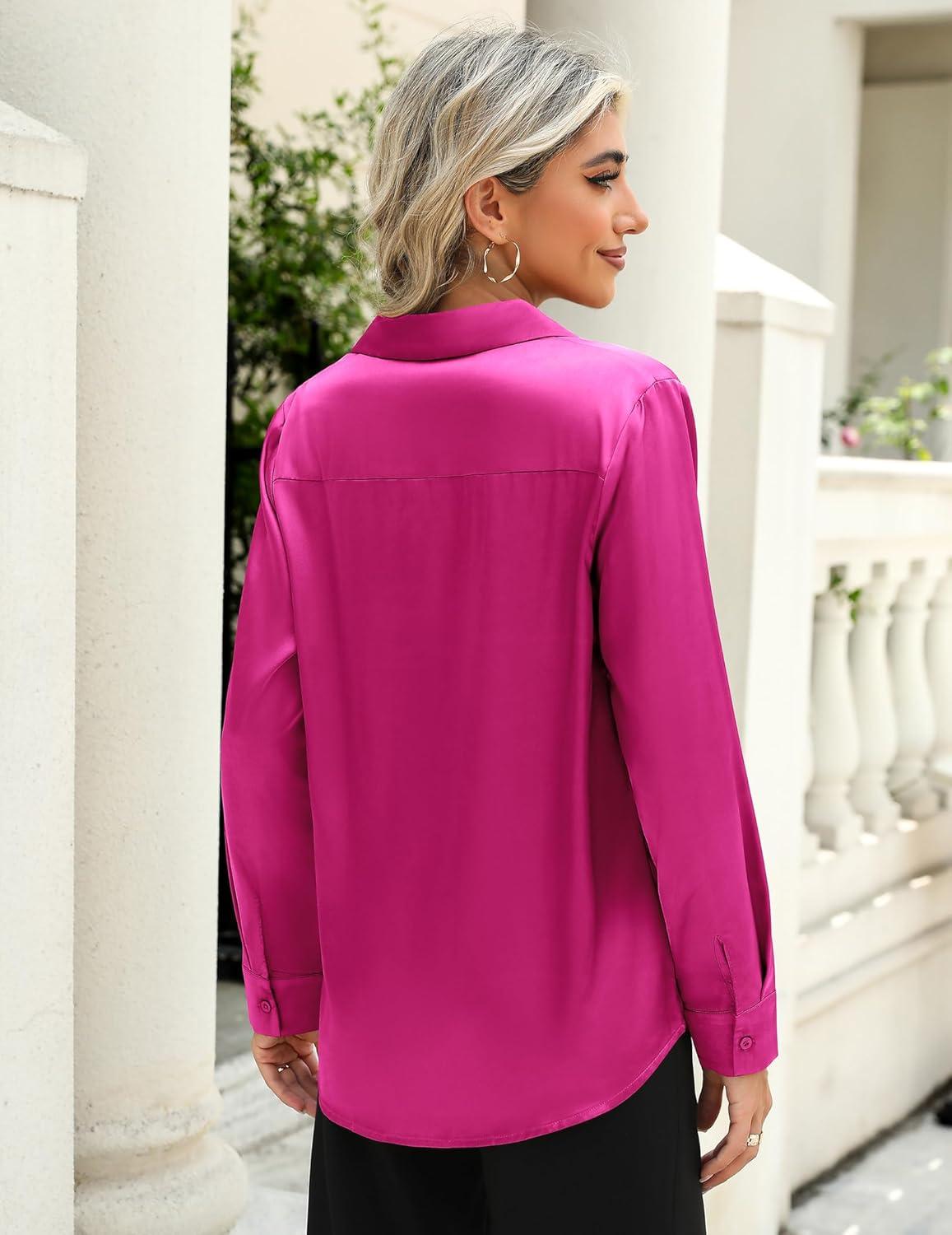 imageZeagoo Satin Blouses for Women Casual Long Sleeve Button Down Silk Shirts Dressy Business Work Tunic TopHot Pink
