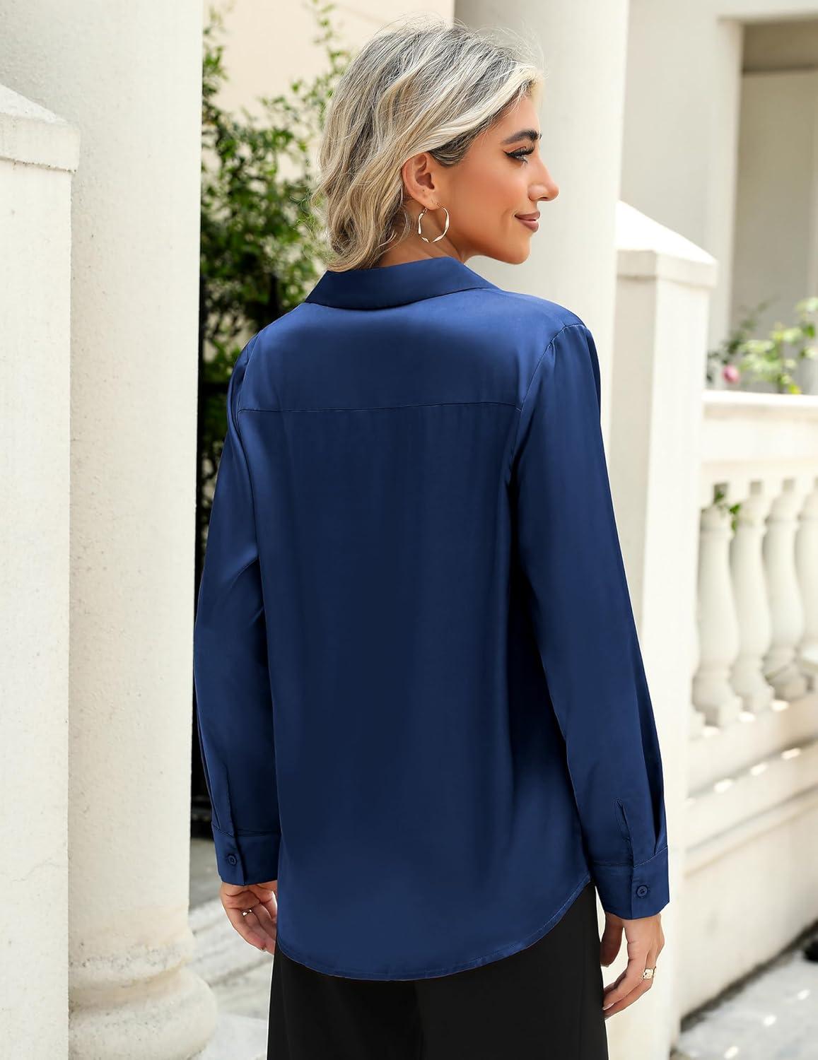 imageZeagoo Satin Blouses for Women Casual Long Sleeve Button Down Silk Shirts Dressy Business Work Tunic TopNavy Blue