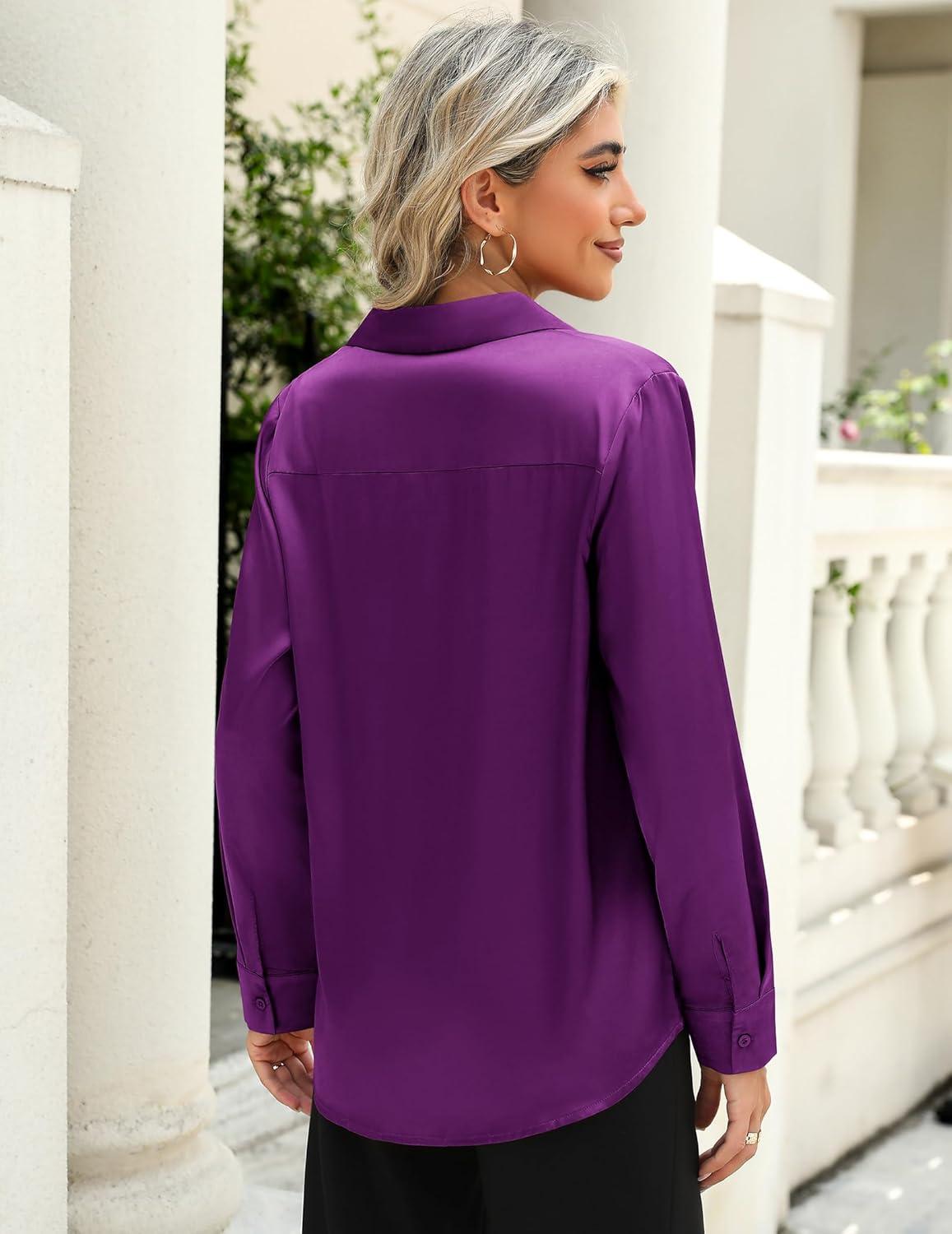 imageZeagoo Satin Blouses for Women Casual Long Sleeve Button Down Silk Shirts Dressy Business Work Tunic TopPurple