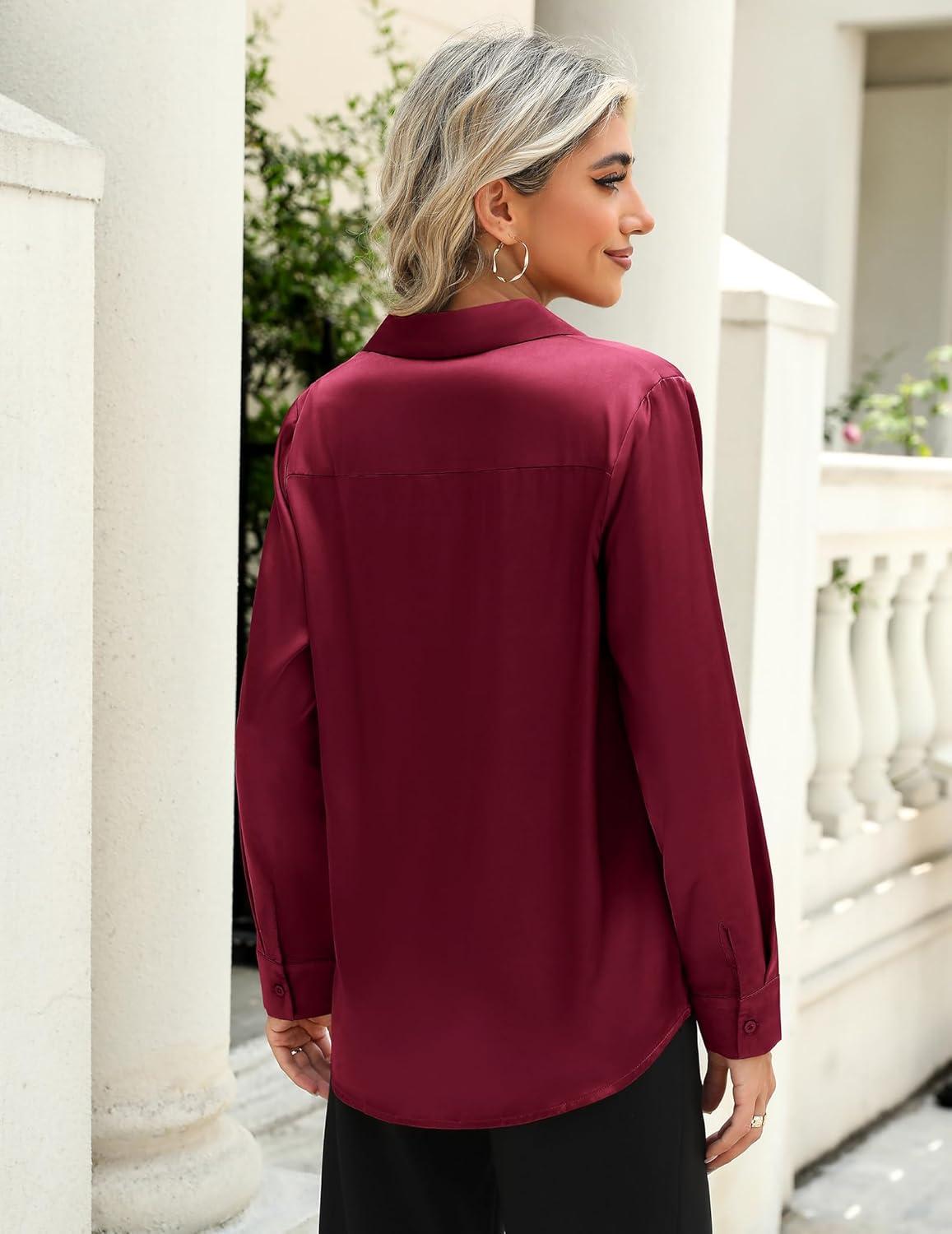 imageZeagoo Satin Blouses for Women Casual Long Sleeve Button Down Silk Shirts Dressy Business Work Tunic TopRed