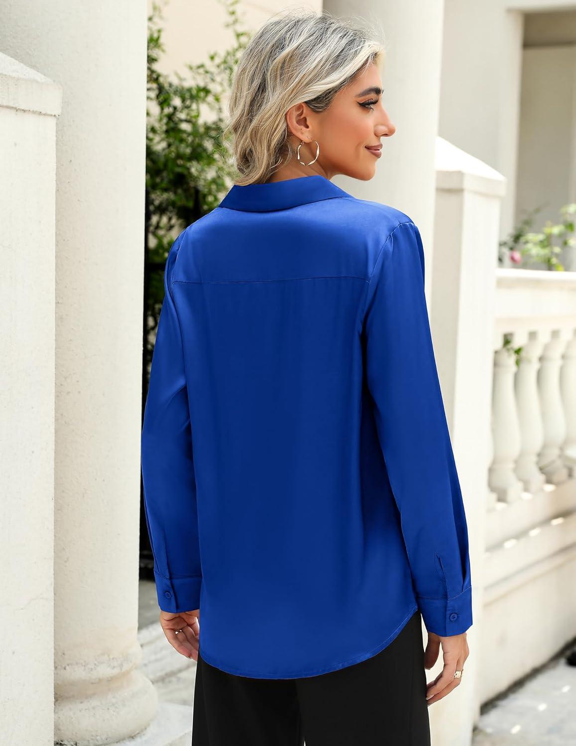 imageZeagoo Satin Blouses for Women Casual Long Sleeve Button Down Silk Shirts Dressy Business Work Tunic TopRoyal Blue