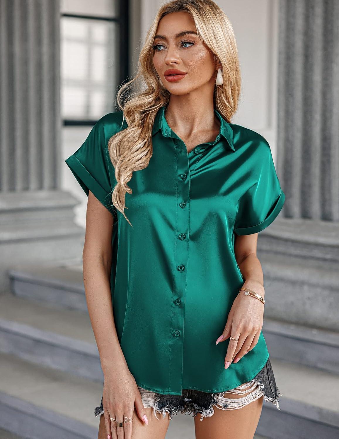 imageZeagoo Silk Blouse for Women Short Sleeve Satin Button Down Shirts Casual Loose VNeck Business Work Tunic TopGreen