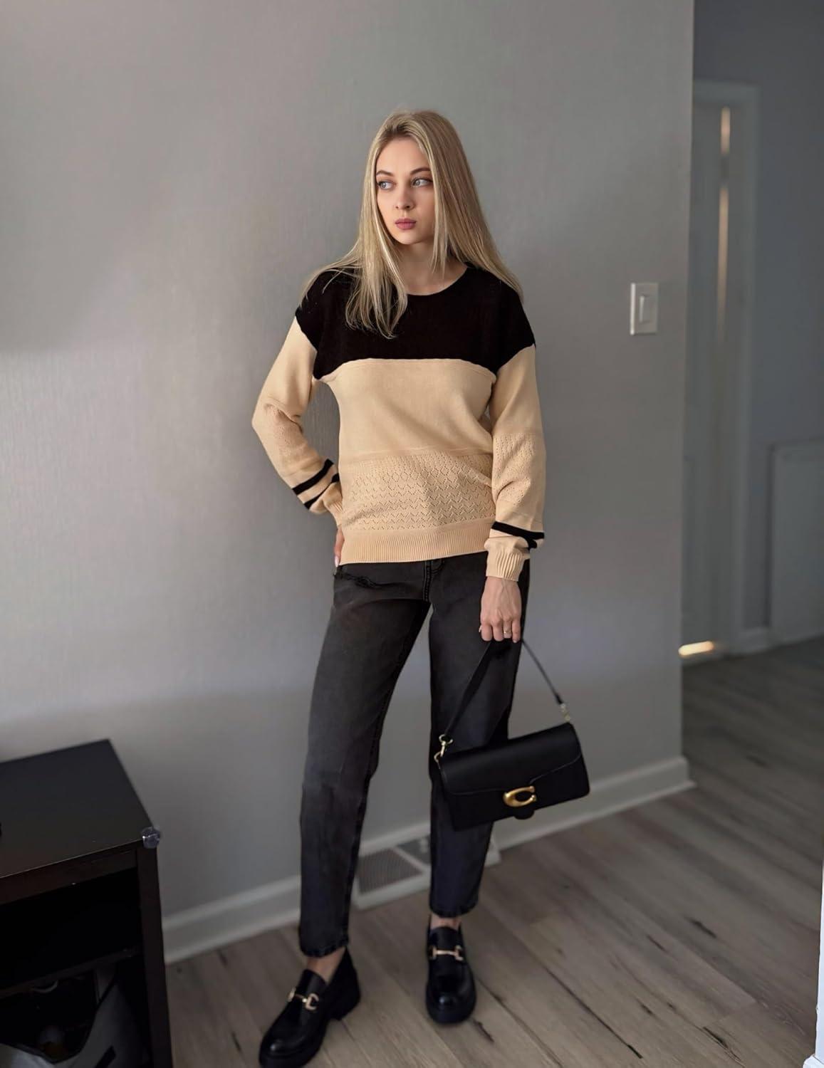 imageZeagoo Sweaters for Women Long Sleeve Tops Soft Knit Crew Neck Pullover Sweater Lightweight Crochet 2026 Fall OutfitsA Blackapricot