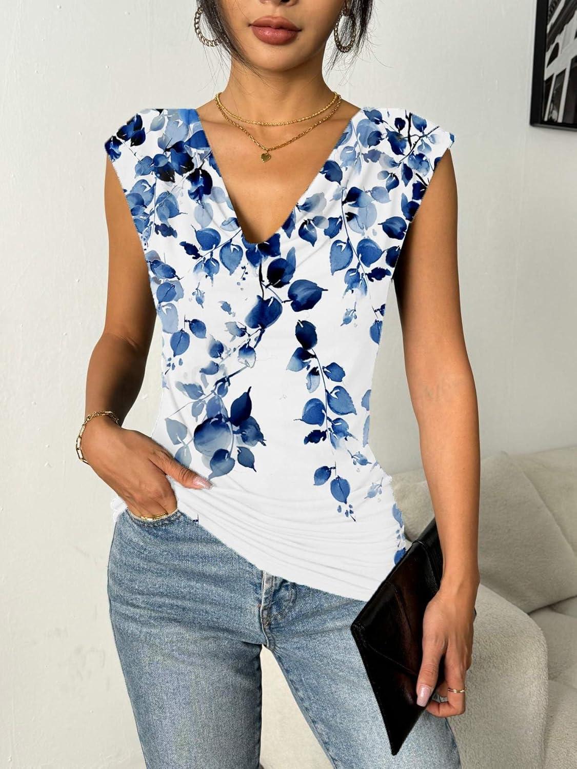 imageZeagoo Tank Top for Women Trendy Going Out Tops Sleeveless Shirts Ruched Business Casual Basic Tunic TopsBlue Leaf