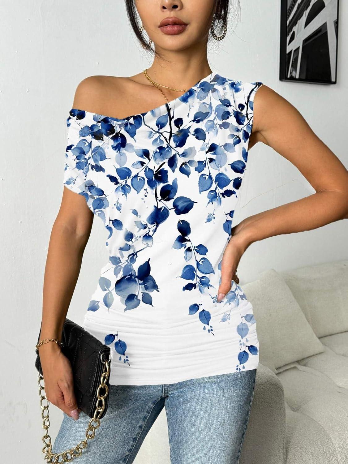 imageZeagoo Tank Top for Women Trendy Going Out Tops Sleeveless Shirts Ruched Business Casual Basic Tunic TopsBlue Leaf