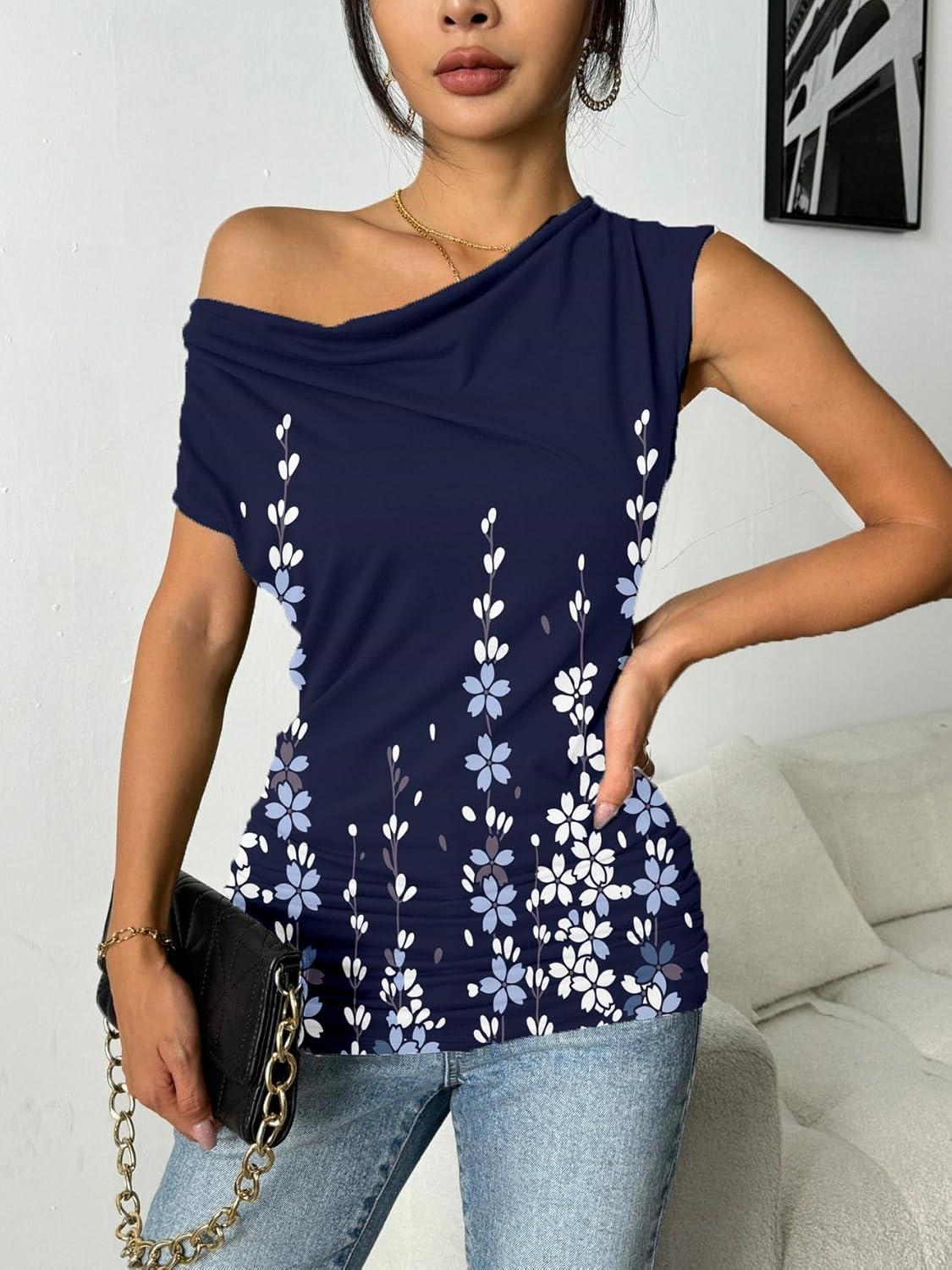 imageZeagoo Tank Top for Women Trendy Going Out Tops Sleeveless Shirts Ruched Business Casual Basic Tunic TopsFloral Navy