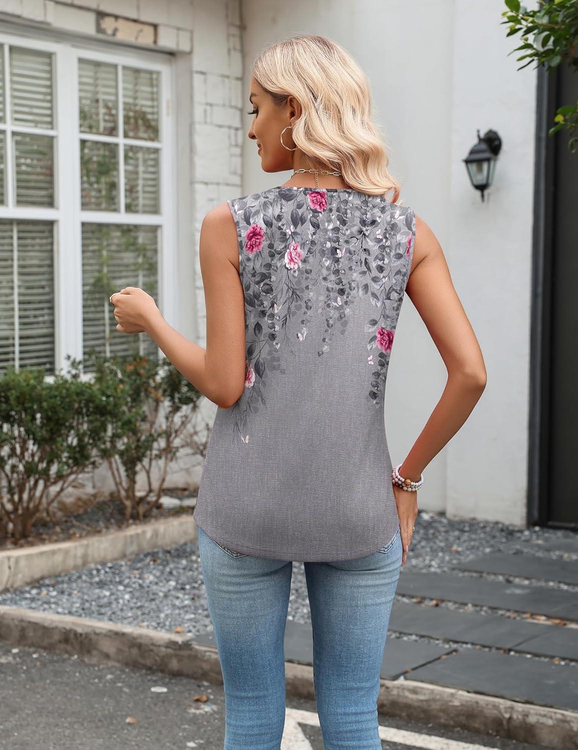 imageZeagoo Tank Top for Women V Neck Loose Fit Sleeveless Summer Tops Business Casual Outfits Dressy Blouses ShirtsFloral Grey