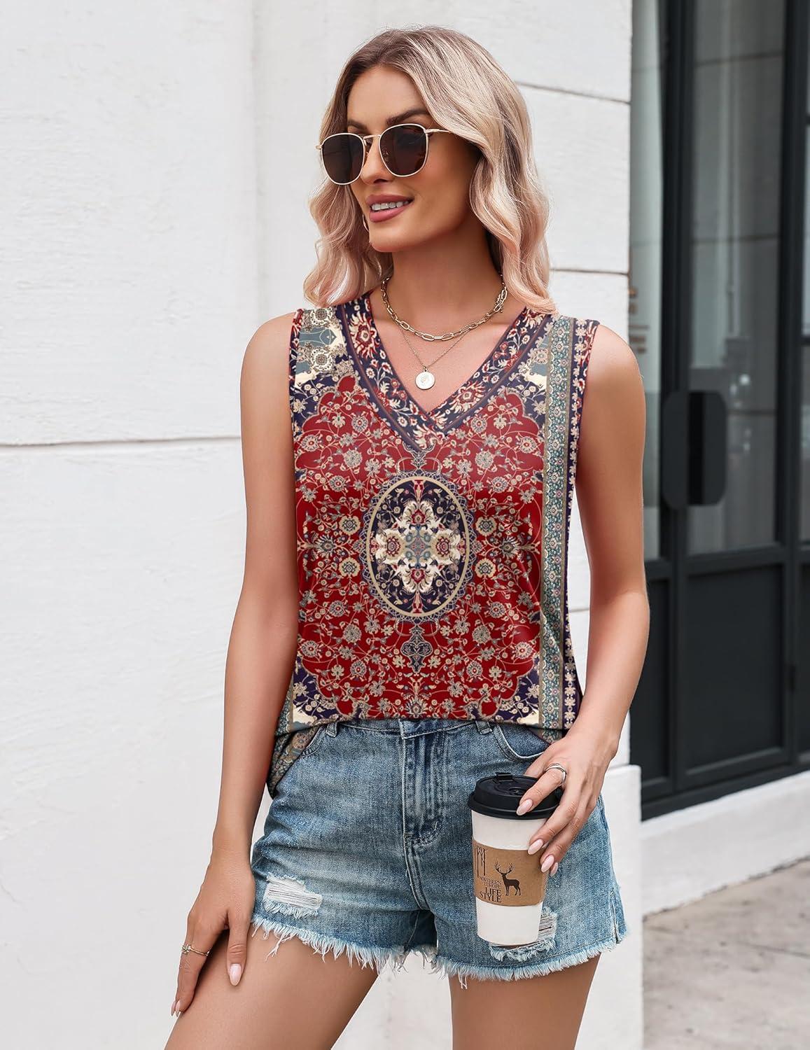 imageZeagoo Tank Top for Women V Neck Loose Fit Sleeveless Summer Tops Business Casual Outfits Dressy Blouses ShirtsFloral Red 870