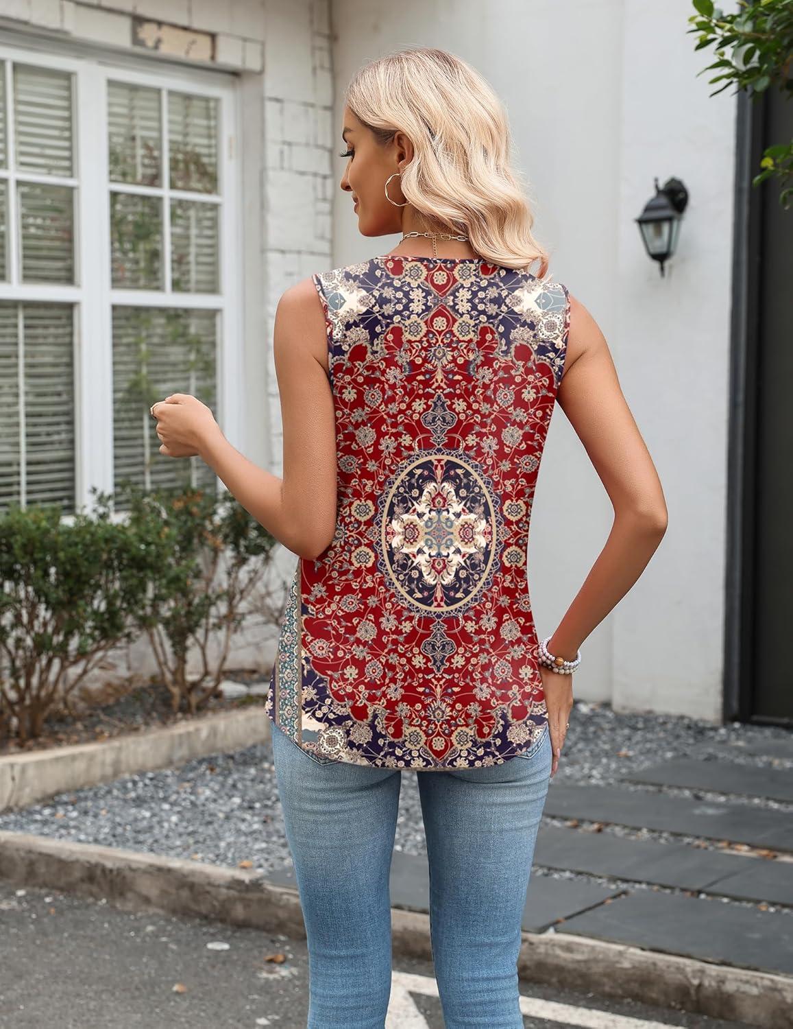 imageZeagoo Tank Top for Women V Neck Loose Fit Sleeveless Summer Tops Business Casual Outfits Dressy Blouses ShirtsFloral Red 870