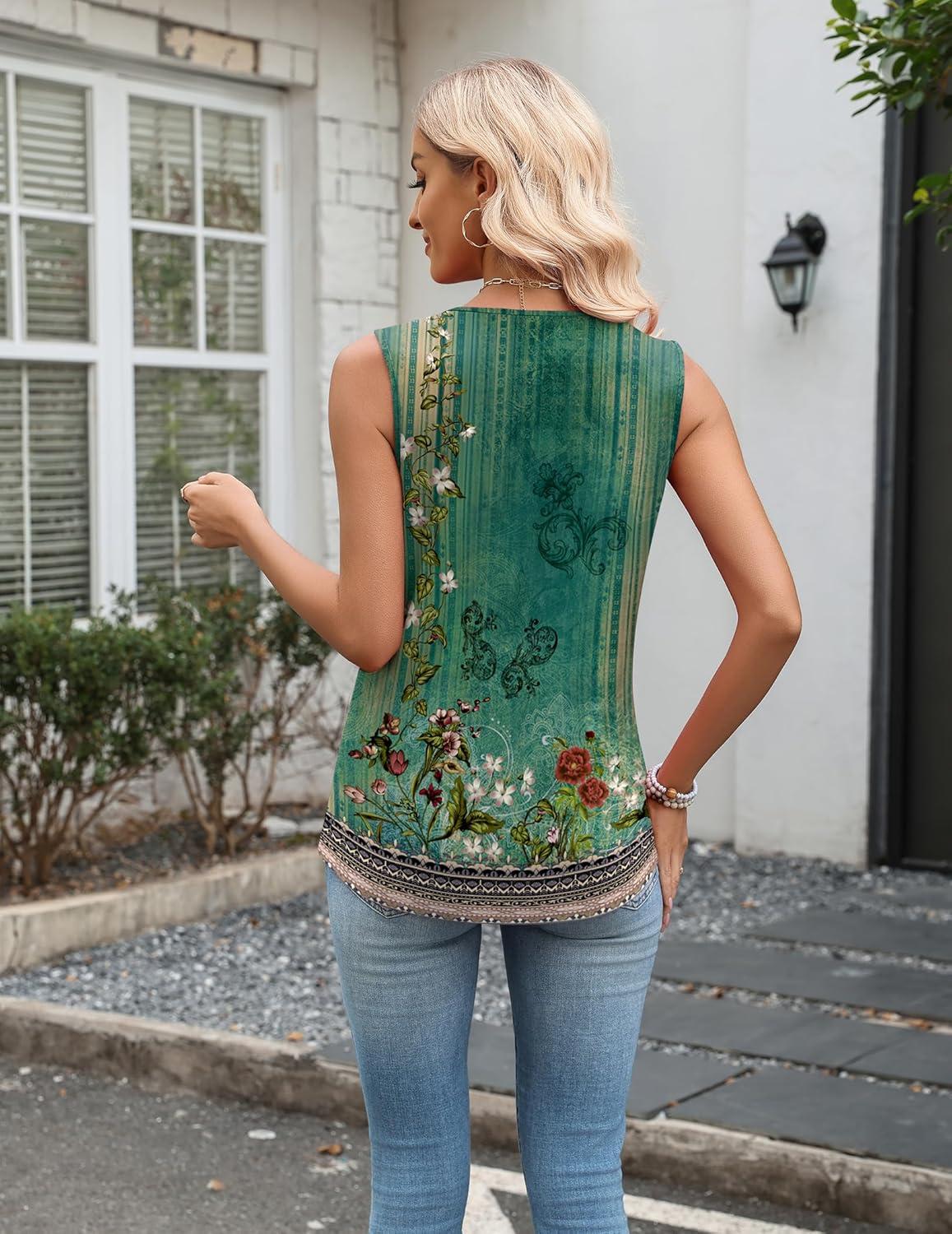 imageZeagoo Tank Top for Women V Neck Loose Fit Sleeveless Summer Tops Business Casual Outfits Dressy Blouses ShirtsGreen Flowersmz839