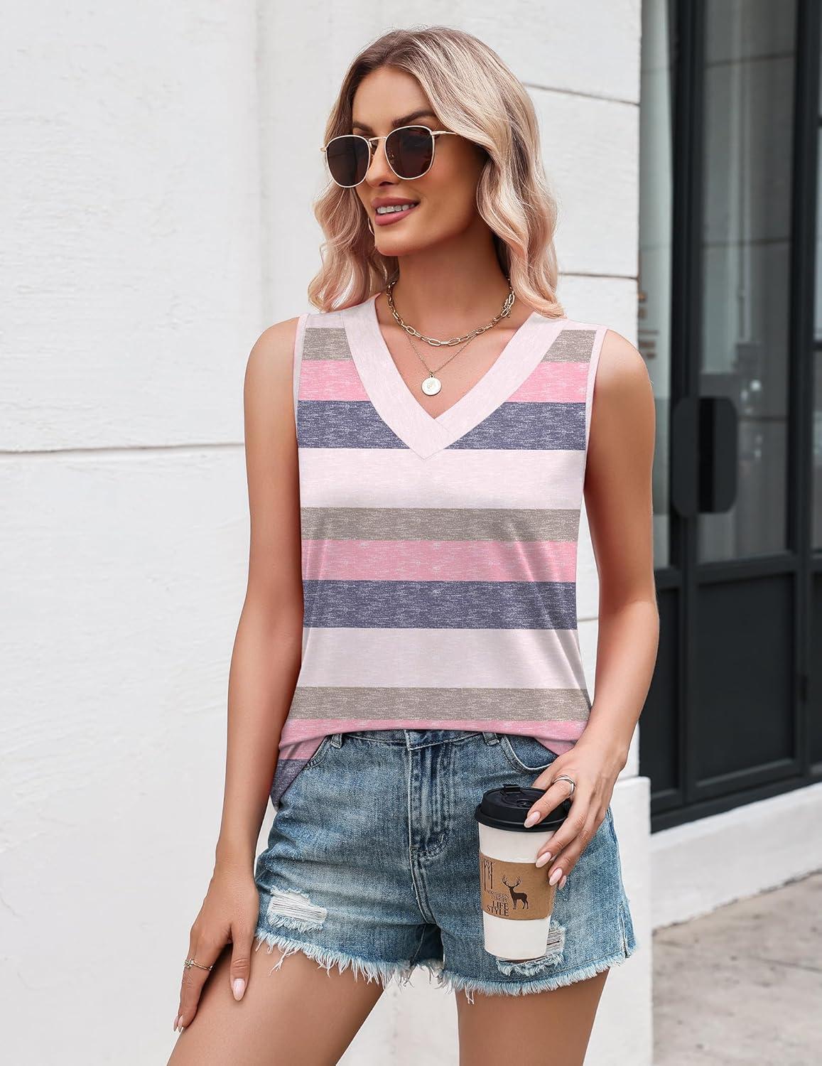 imageZeagoo Tank Top for Women V Neck Loose Fit Sleeveless Summer Tops Business Casual Outfits Dressy Blouses ShirtsStriped Pink