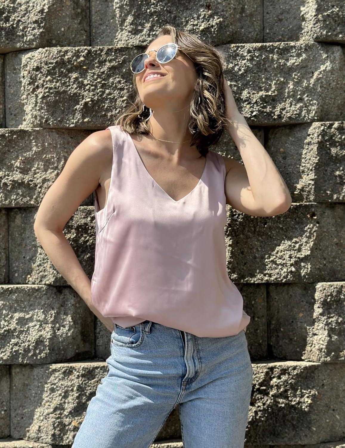 imageZeagoo Women 2026 Silk Satin Tank Top Casual V Neck Camisole Blouses Loose Sleeveless Cami Basic Tank ShirtDark Pink