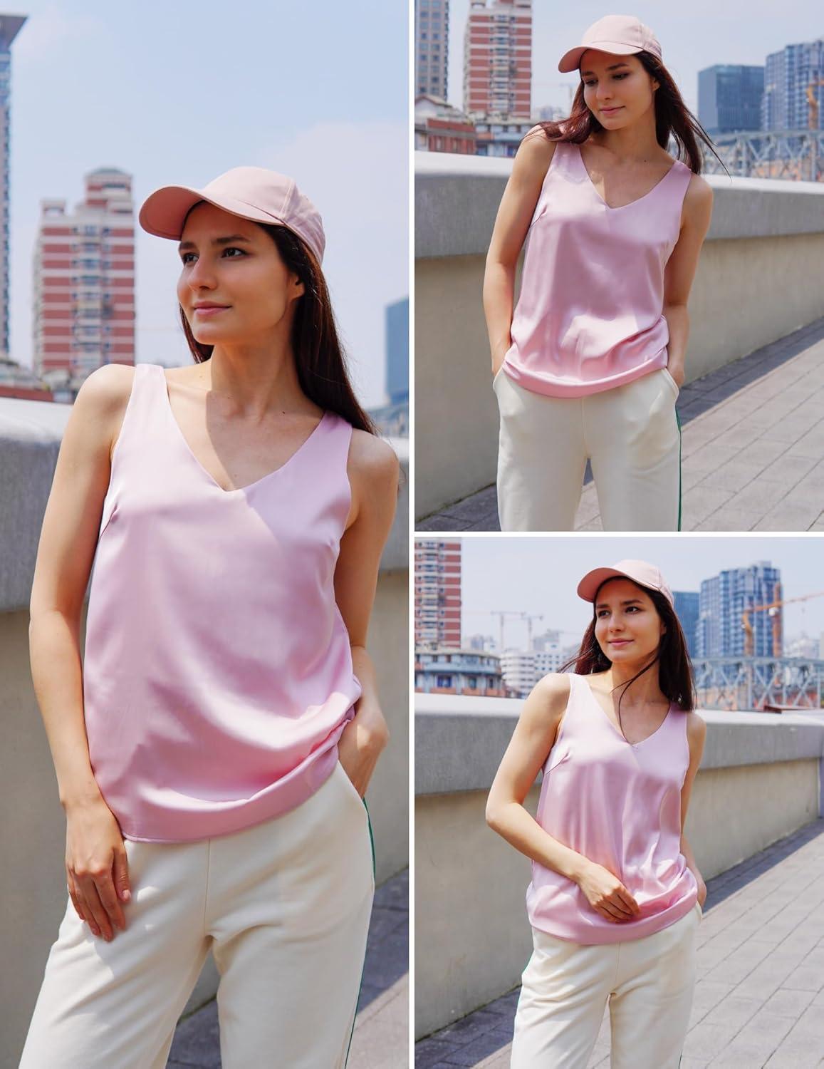 imageZeagoo Women 2026 Silk Satin Tank Top Casual V Neck Camisole Blouses Loose Sleeveless Cami Basic Tank ShirtDark Pink