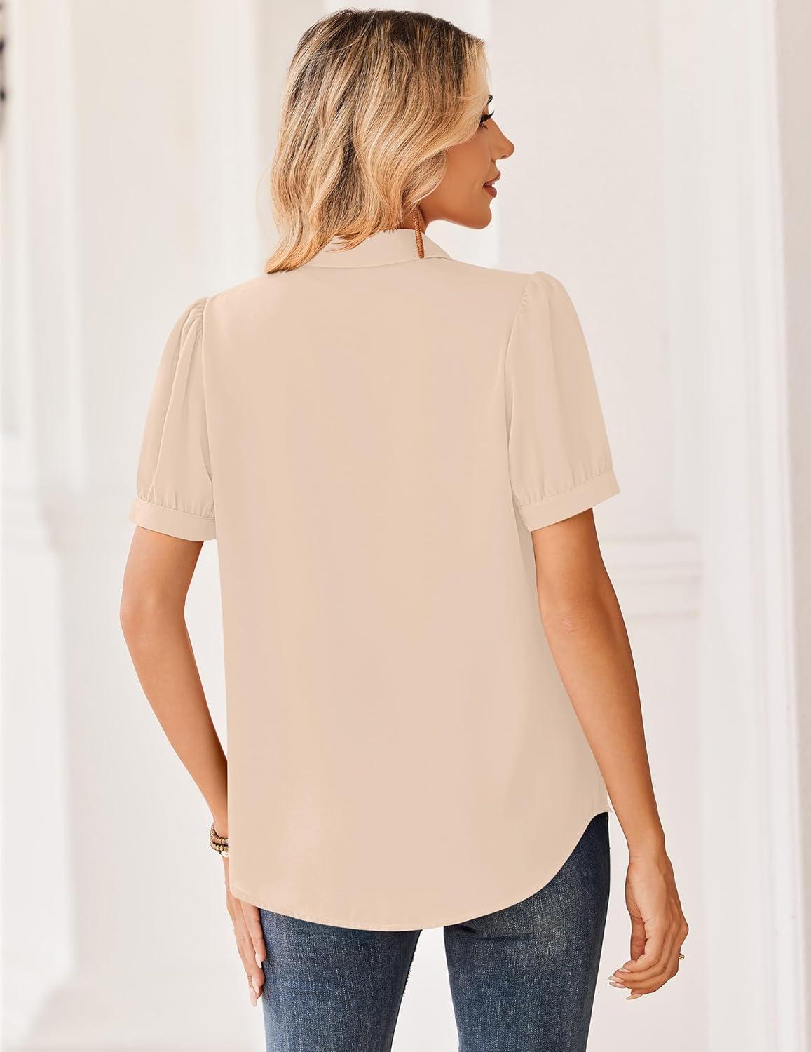 imageZeagoo Women Button Down Shirts Puff Short Sleeve Blouses Chiffon Tops Business Casual Outfits Summer ClothesBeigestb