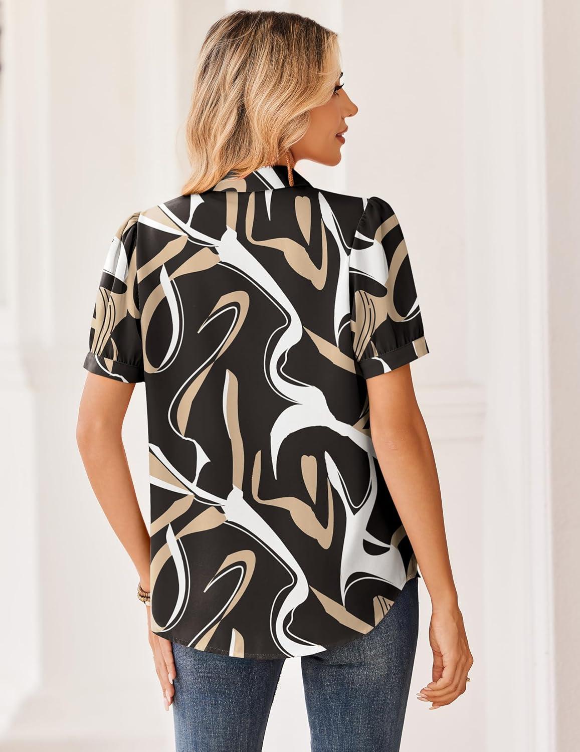 imageZeagoo Women Button Down Shirts Puff Short Sleeve Blouses Chiffon Tops Business Casual Outfits Summer ClothesBlackcx312