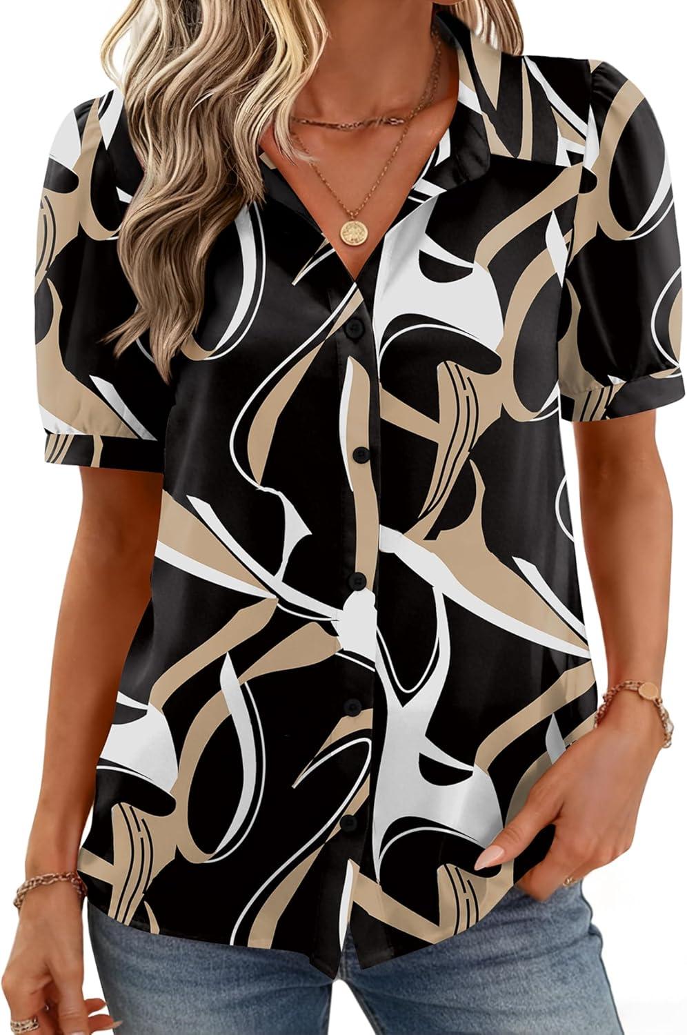 imageZeagoo Women Button Down Shirts Puff Short Sleeve Blouses Chiffon Tops Business Casual Outfits Summer ClothesBlackcx312