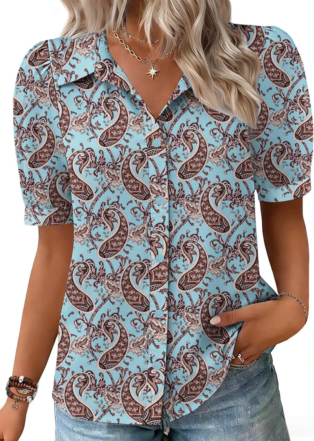 imageZeagoo Women Button Down Shirts Puff Short Sleeve Blouses Chiffon Tops Business Casual Outfits Summer ClothesBlue Bohomz899