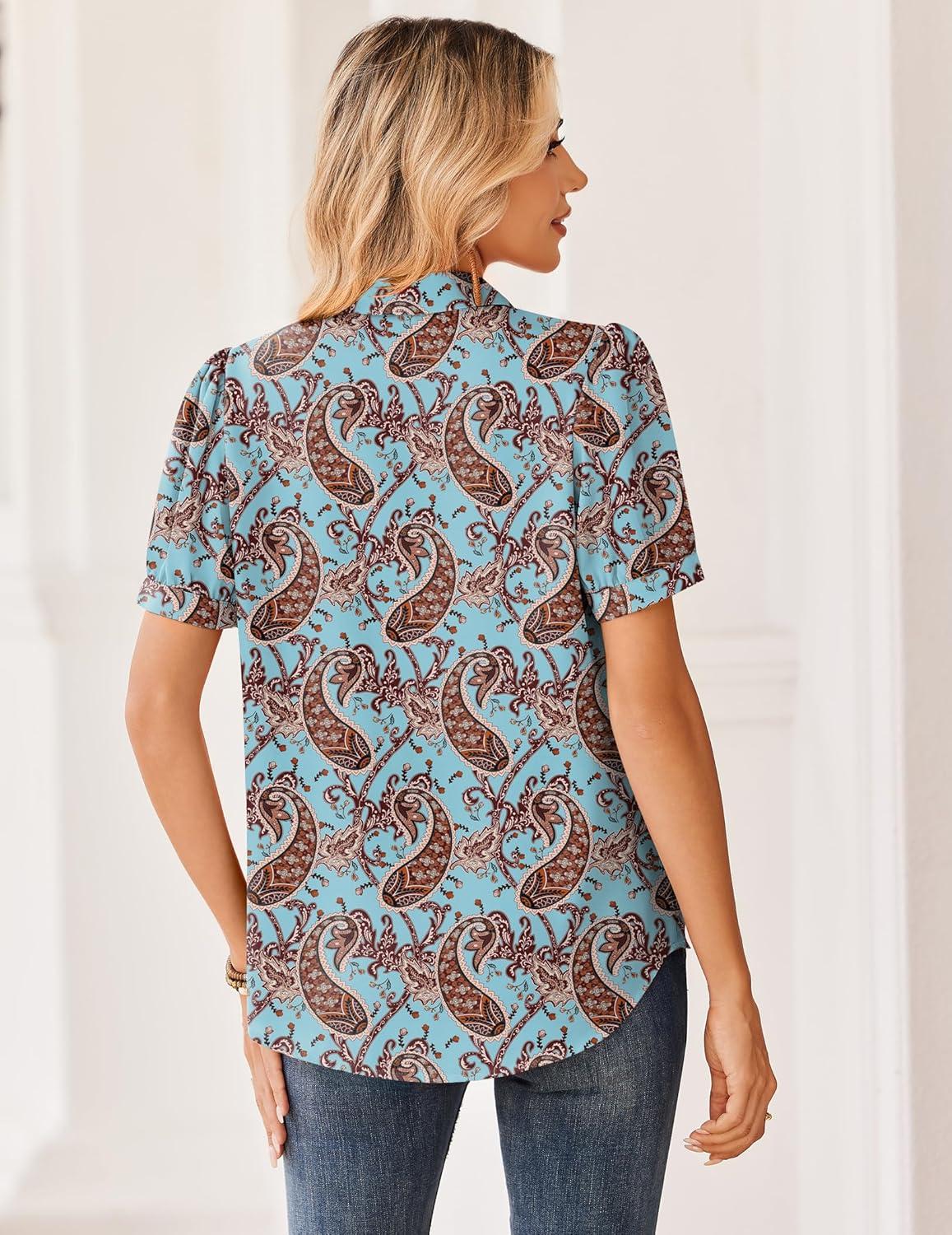imageZeagoo Women Button Down Shirts Puff Short Sleeve Blouses Chiffon Tops Business Casual Outfits Summer ClothesBlue Bohomz899