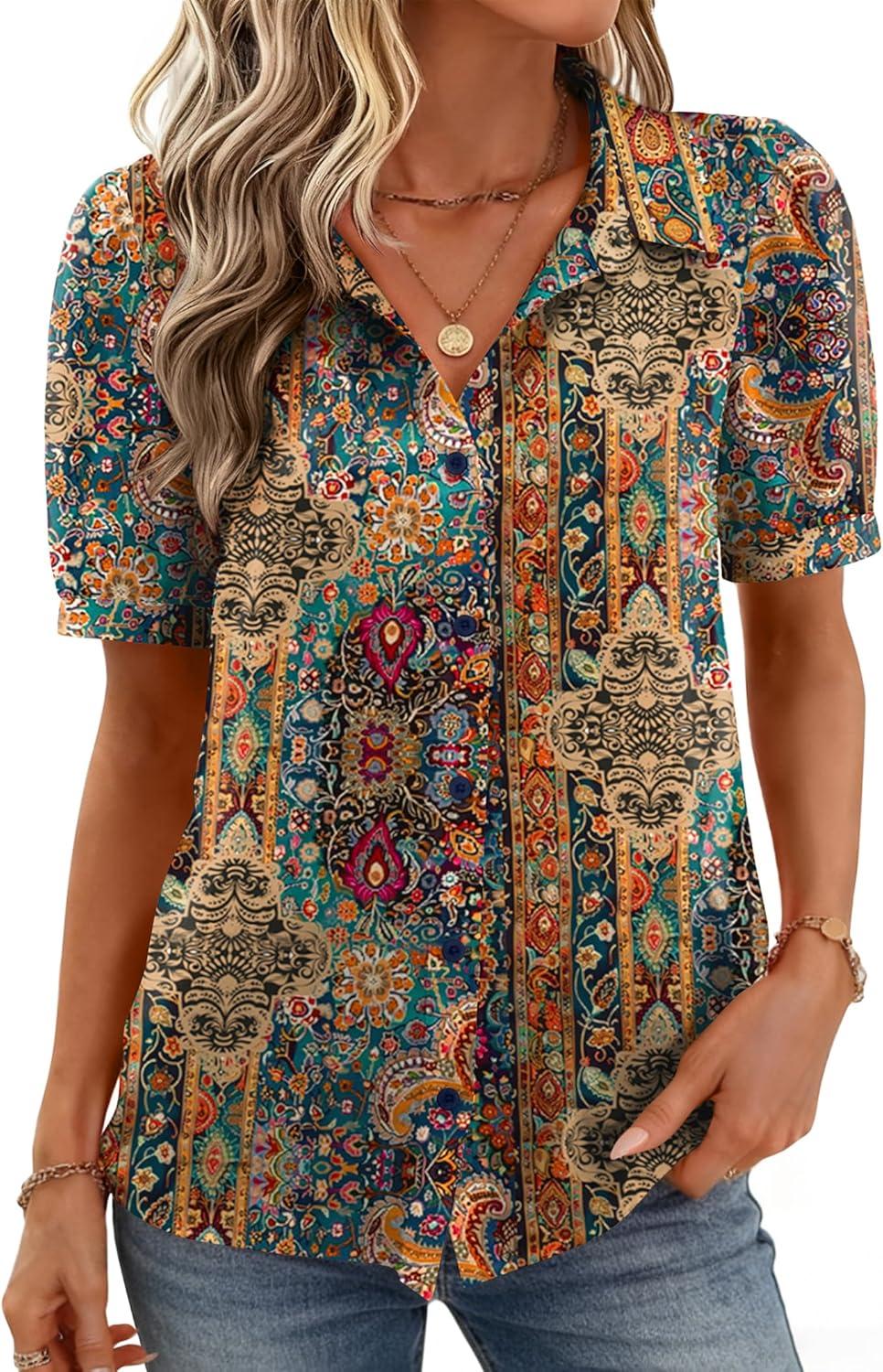 imageZeagoo Women Button Down Shirts Puff Short Sleeve Blouses Chiffon Tops Business Casual Outfits Summer ClothesBohomz721