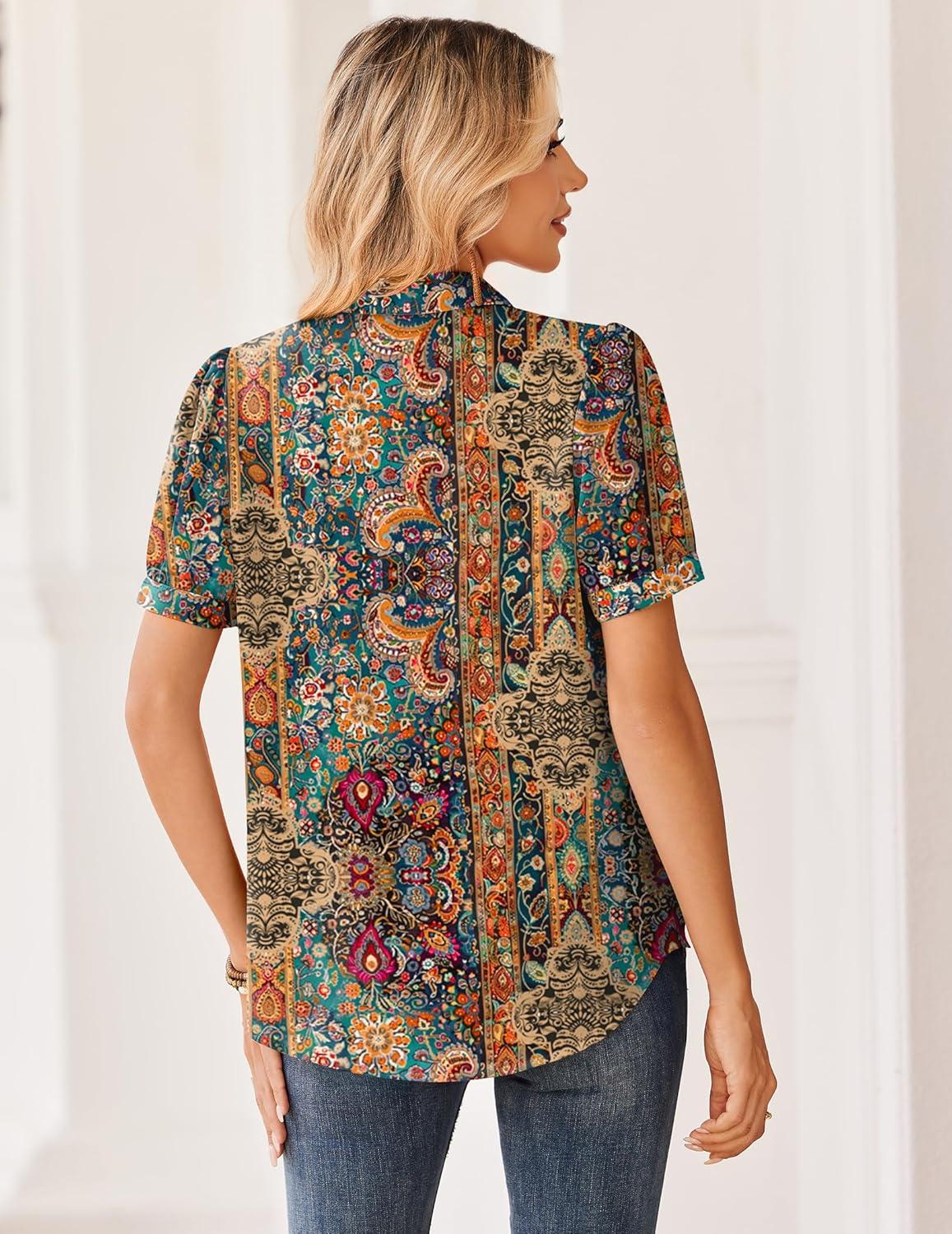 imageZeagoo Women Button Down Shirts Puff Short Sleeve Blouses Chiffon Tops Business Casual Outfits Summer ClothesBohomz721