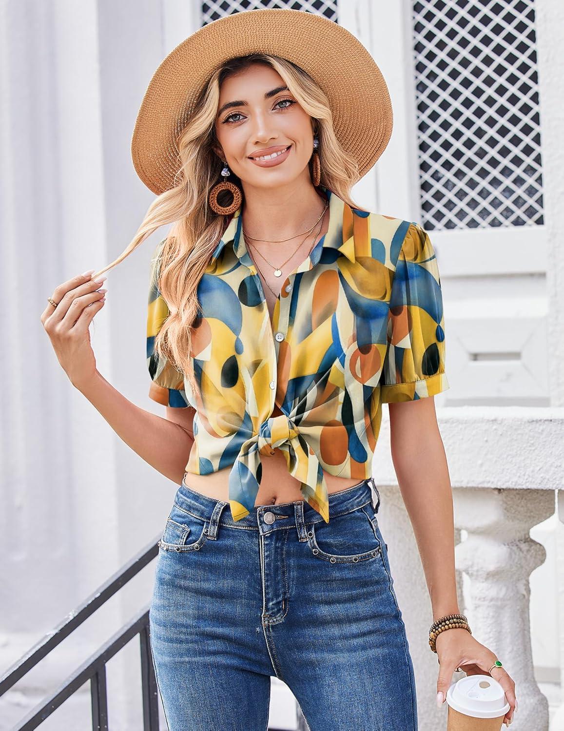 imageZeagoo Women Button Down Shirts Puff Short Sleeve Blouses Chiffon Tops Business Casual Outfits Summer ClothesMulticolorjh579