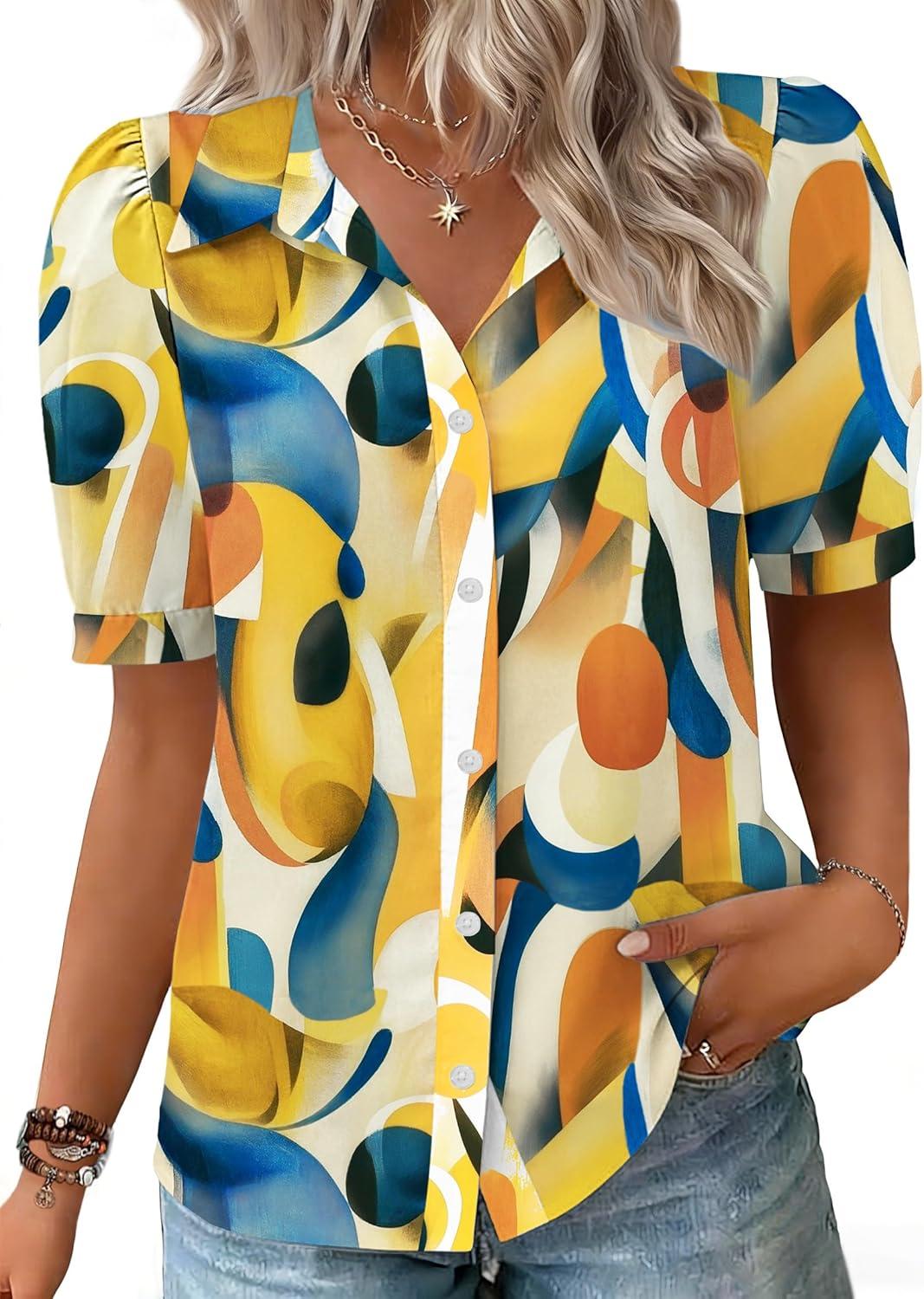imageZeagoo Women Button Down Shirts Puff Short Sleeve Blouses Chiffon Tops Business Casual Outfits Summer ClothesMulticolorjh579