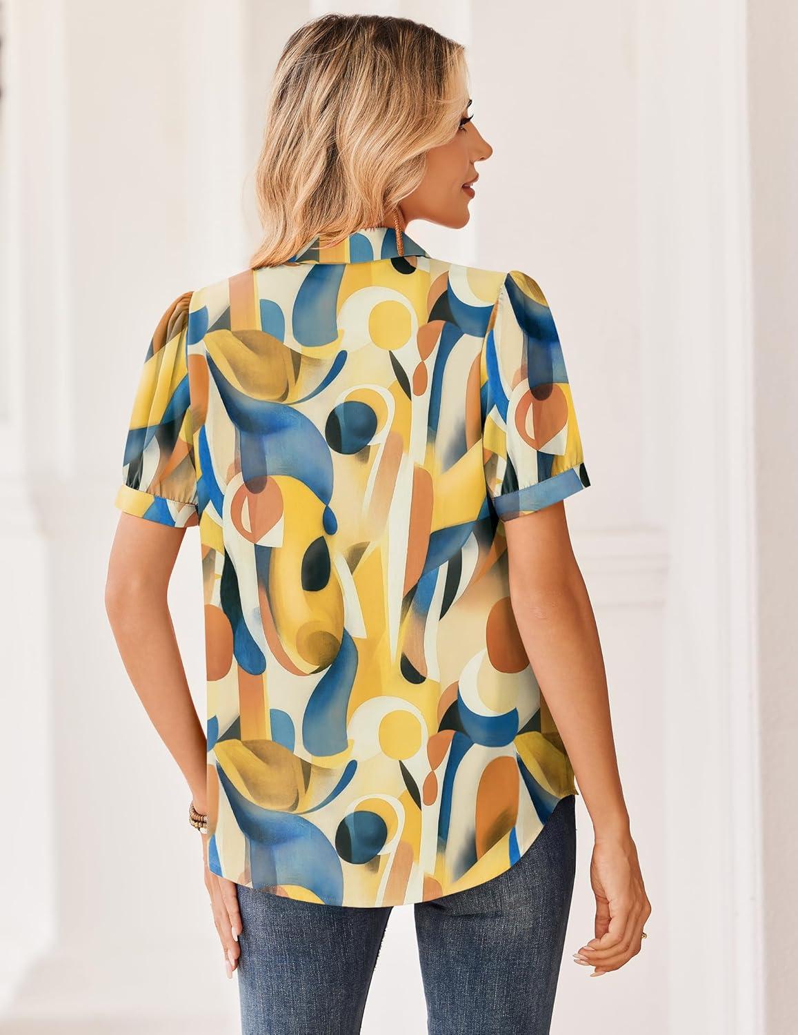 imageZeagoo Women Button Down Shirts Puff Short Sleeve Blouses Chiffon Tops Business Casual Outfits Summer ClothesMulticolorjh579