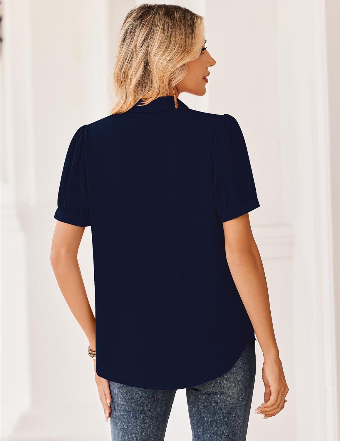 imageZeagoo Women Button Down Shirts Puff Short Sleeve Blouses Chiffon Tops Business Casual Outfits Summer ClothesNavy Bluenb