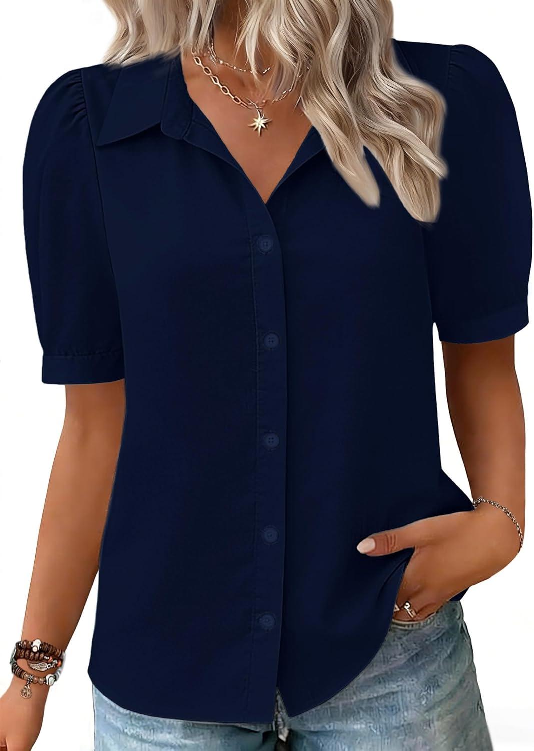 imageZeagoo Women Button Down Shirts Puff Short Sleeve Blouses Chiffon Tops Business Casual Outfits Summer ClothesNavy Bluenb