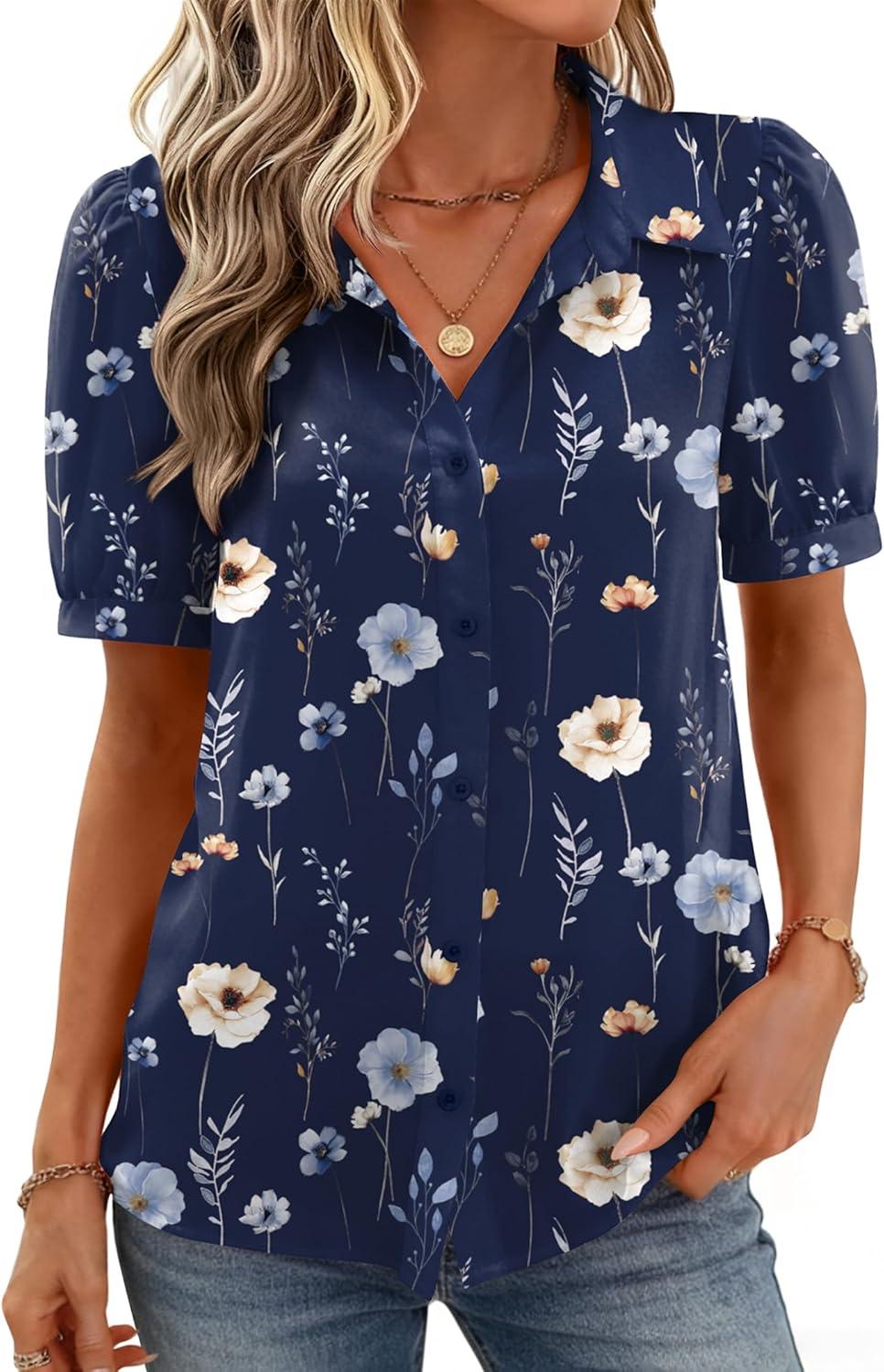 imageZeagoo Women Button Down Shirts Puff Short Sleeve Blouses Chiffon Tops Business Casual Outfits Summer ClothesNavy Flowersbf318