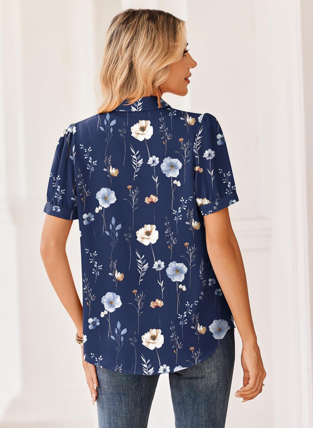 imageZeagoo Women Button Down Shirts Puff Short Sleeve Blouses Chiffon Tops Business Casual Outfits Summer ClothesNavy Flowersbf318