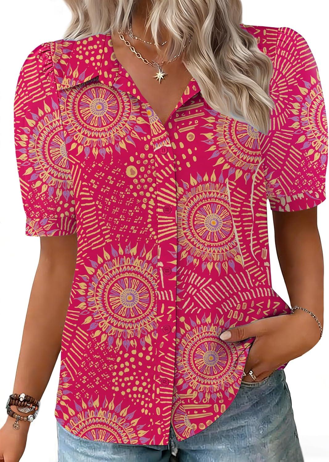 imageZeagoo Women Button Down Shirts Puff Short Sleeve Blouses Chiffon Tops Business Casual Outfits Summer ClothesPinkcx320