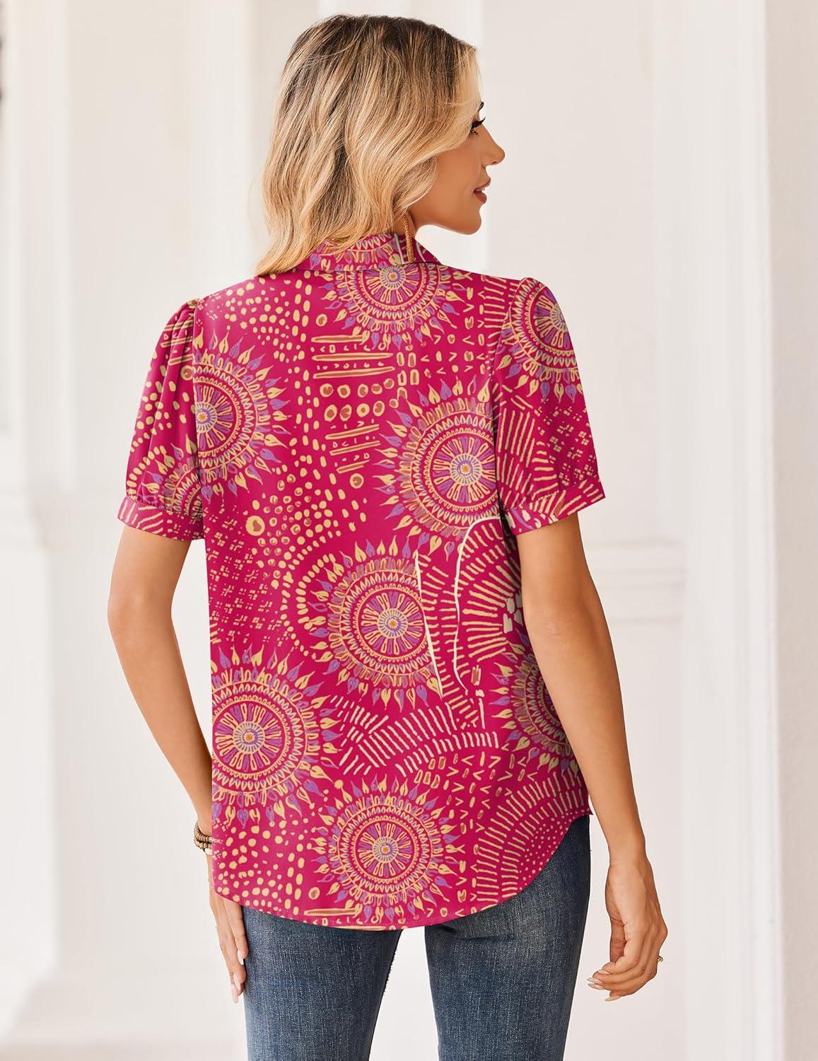 imageZeagoo Women Button Down Shirts Puff Short Sleeve Blouses Chiffon Tops Business Casual Outfits Summer ClothesPinkcx320