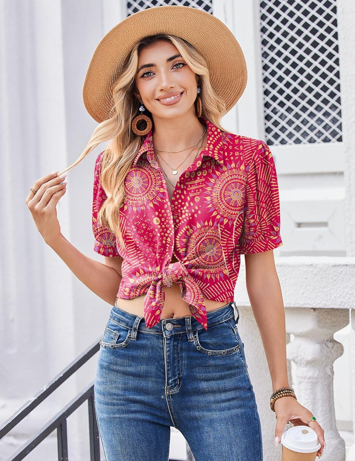 imageZeagoo Women Button Down Shirts Puff Short Sleeve Blouses Chiffon Tops Business Casual Outfits Summer ClothesPinkcx320