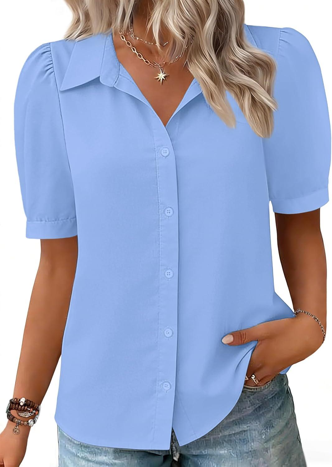 imageZeagoo Women Button Down Shirts Puff Short Sleeve Blouses Chiffon Tops Business Casual Outfits Summer ClothesSky Blueclb
