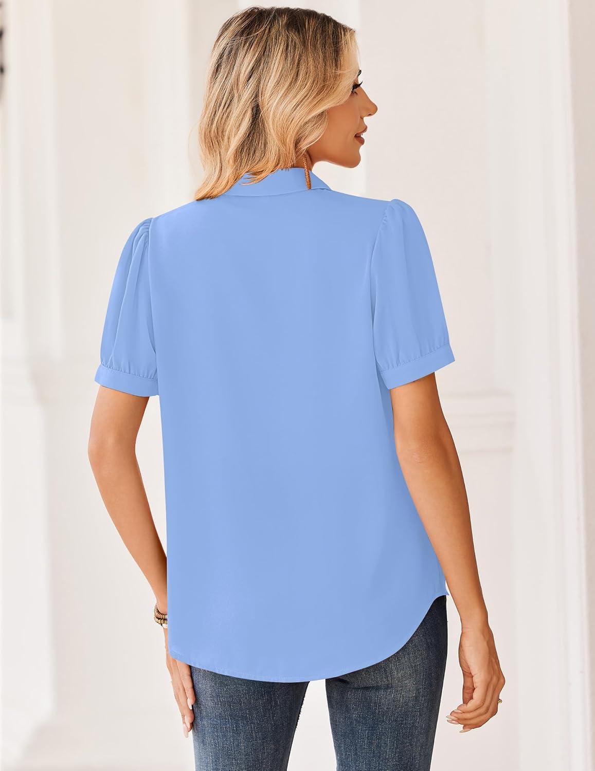imageZeagoo Women Button Down Shirts Puff Short Sleeve Blouses Chiffon Tops Business Casual Outfits Summer ClothesSky Blueclb