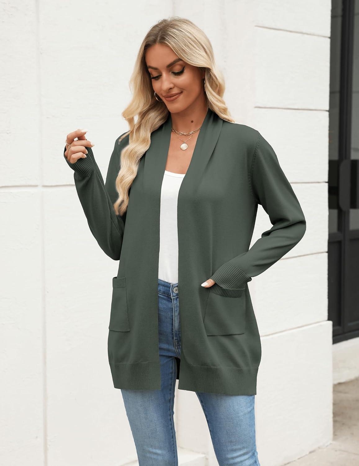 imageZeagoo Women Long Cardigan Sweaters Lightweight Open Front Duster Knit Fashion Sweater Coats Trendy Cardigans with PocketDark Green