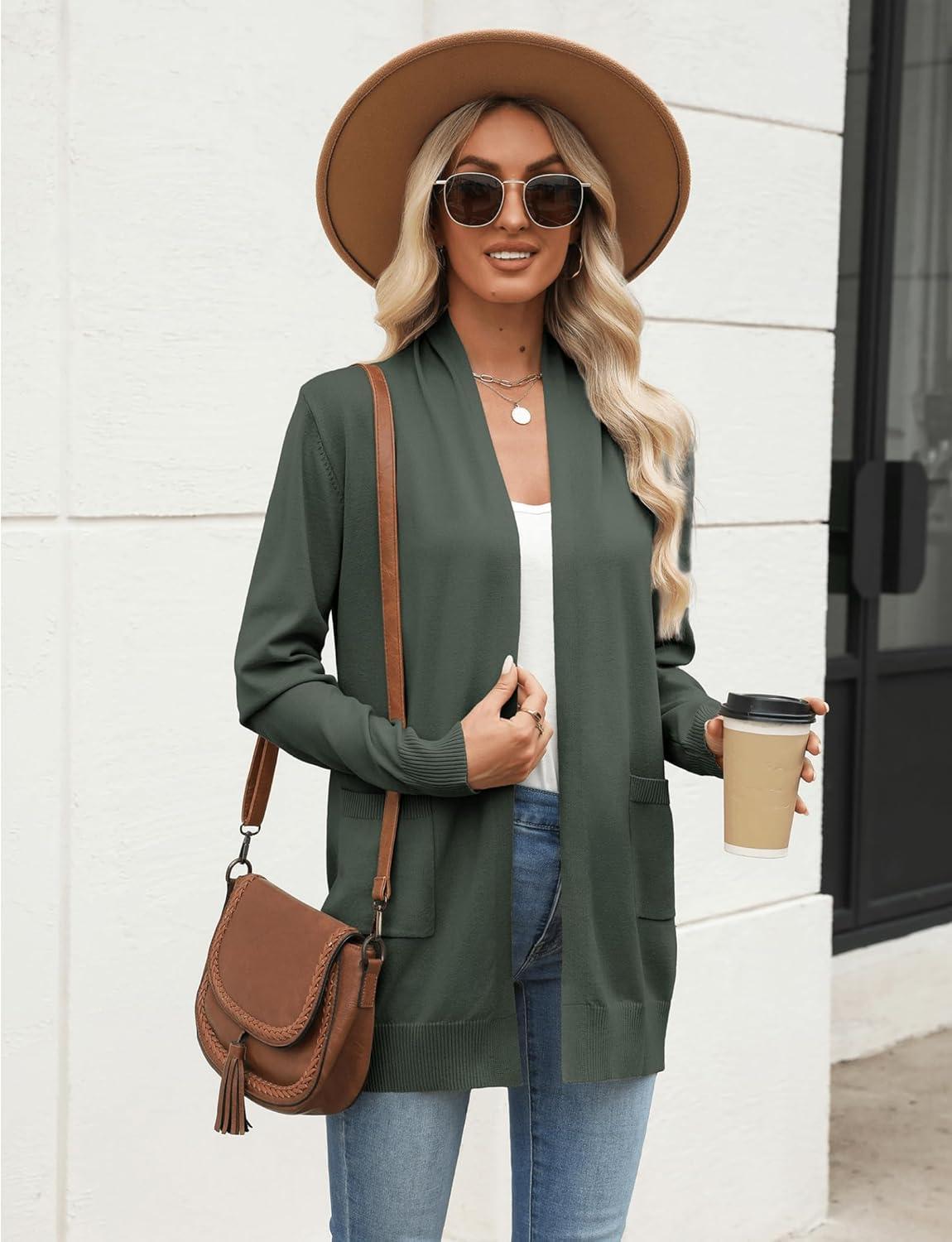 imageZeagoo Women Long Cardigan Sweaters Lightweight Open Front Duster Knit Fashion Sweater Coats Trendy Cardigans with PocketDark Green
