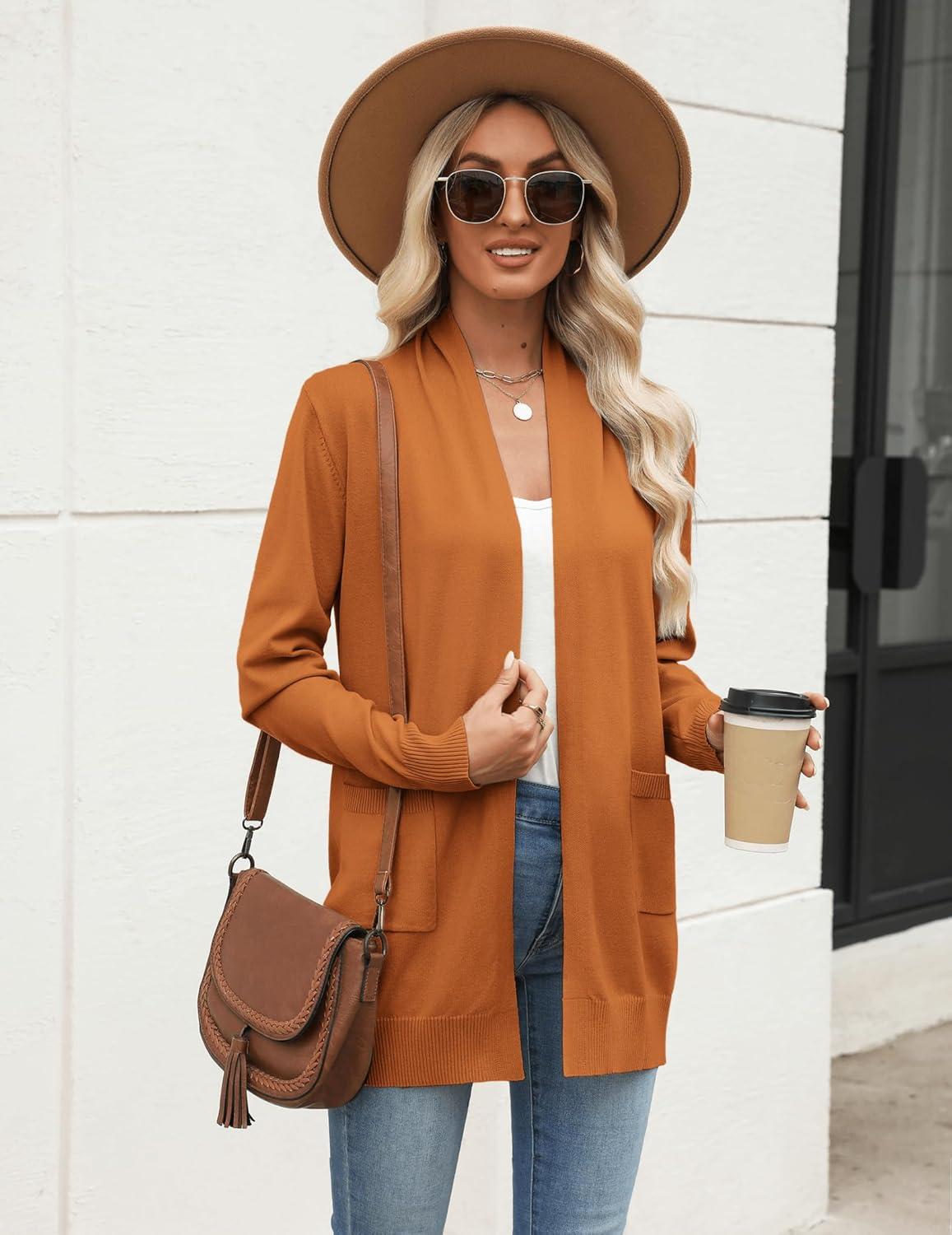 imageZeagoo Women Long Cardigan Sweaters Lightweight Open Front Duster Knit Fashion Sweater Coats Trendy Cardigans with PocketOrange
