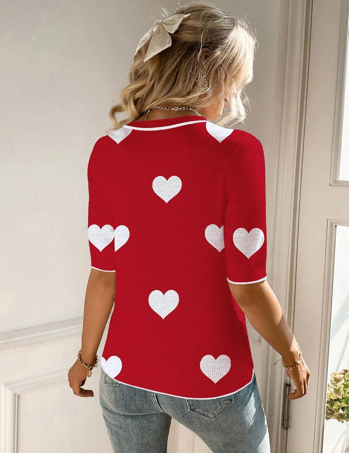 imageZeagoo Women Short Sleeve Sweater Summer Crew Neck Dressy Casual Soft Knit Pullover Tops TrendyHeart Redwhite