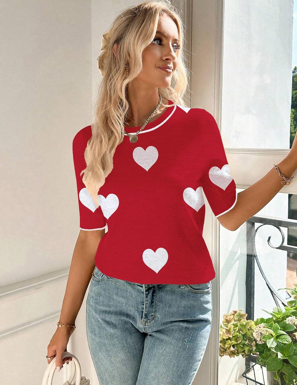 imageZeagoo Women Short Sleeve Sweater Summer Crew Neck Dressy Casual Soft Knit Pullover Tops TrendyHeart Redwhite
