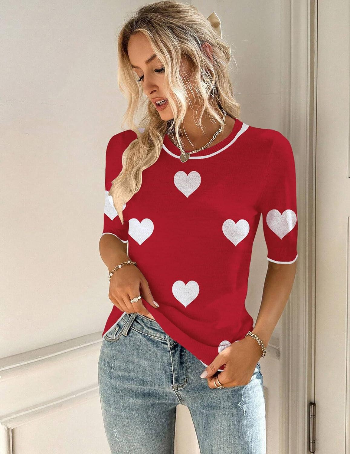 imageZeagoo Women Short Sleeve Sweater Summer Crew Neck Dressy Casual Soft Knit Pullover Tops TrendyHeart Redwhite